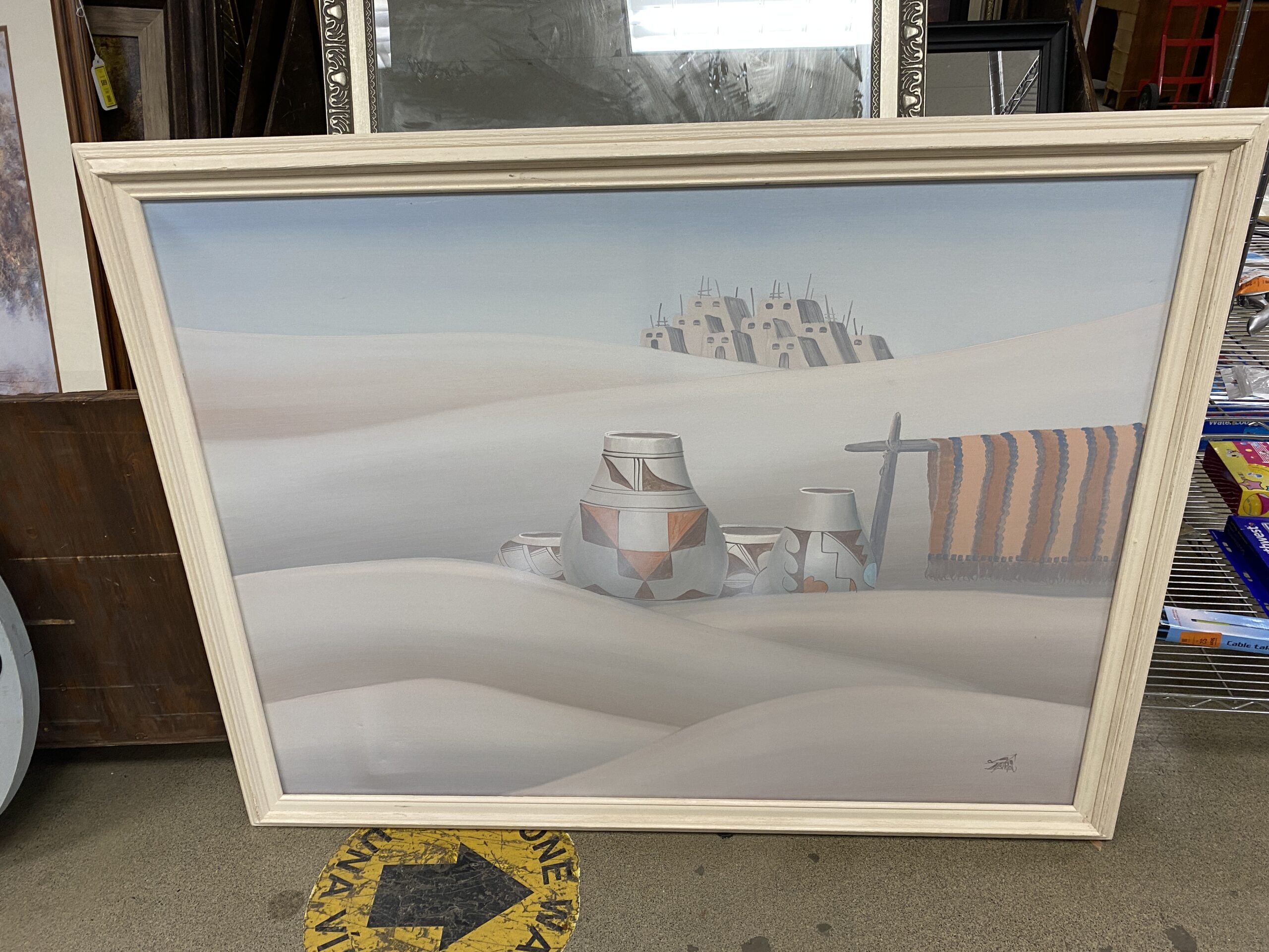 Signed Original Canvas Painting by Jose Aricopa “Clay Pots in Desert Sand”