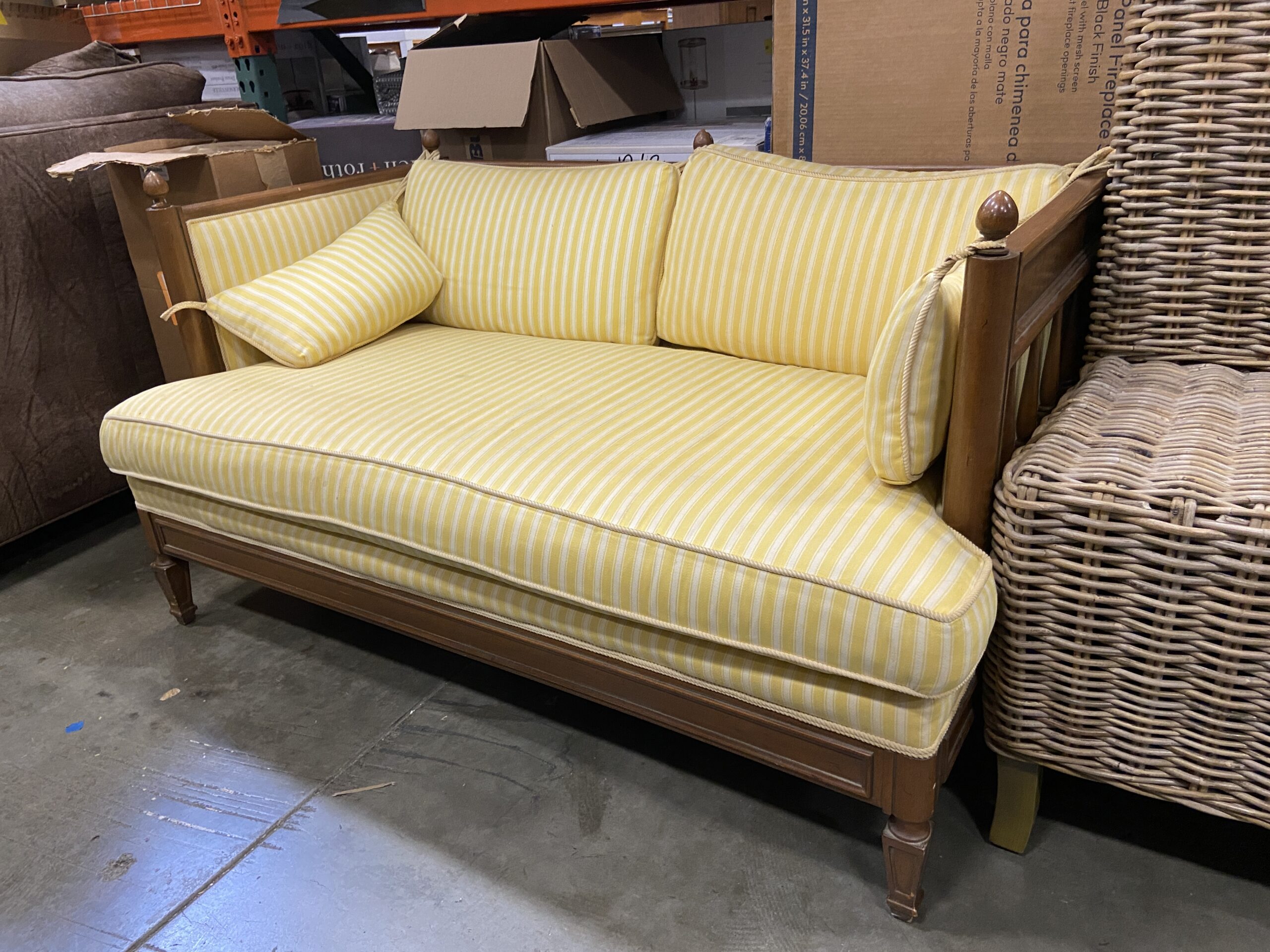 Yellow and White Striped Loveseat (Missing Back Right Post Topper)