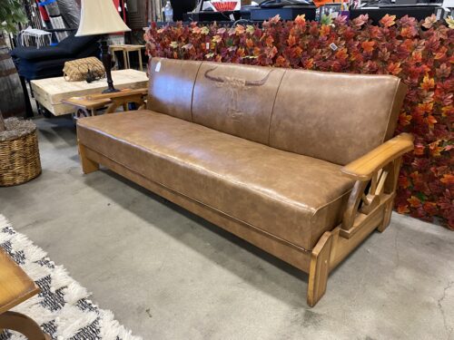 Rustic Mid-Century Brown Leather Wagon Wheel Bull Embroidered Storage Couch