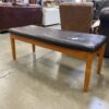 Ocher Toned Wood and Dark Brown Leather Ottoman