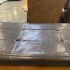 Ocher Toned Wood and Dark Brown Leather Ottoman
