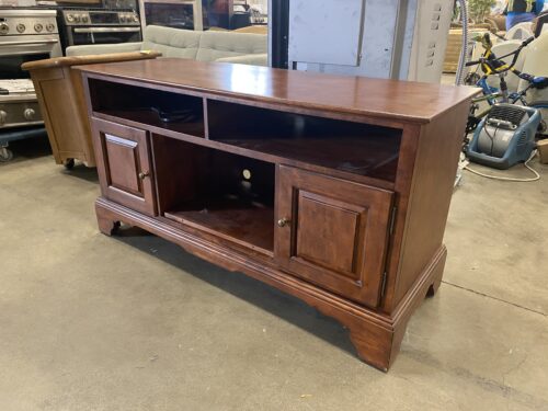 Red Wood Media Center with Built In Power Strip