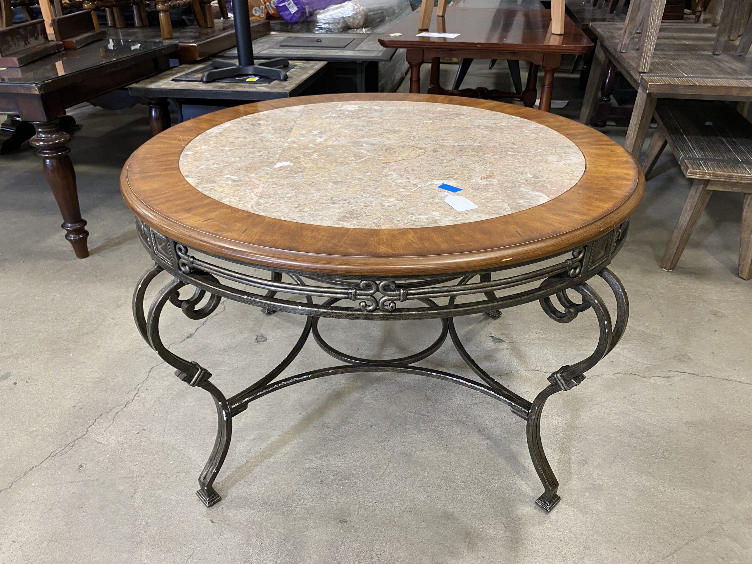 Wrought Iron Circle Table with Wood and Marble Top