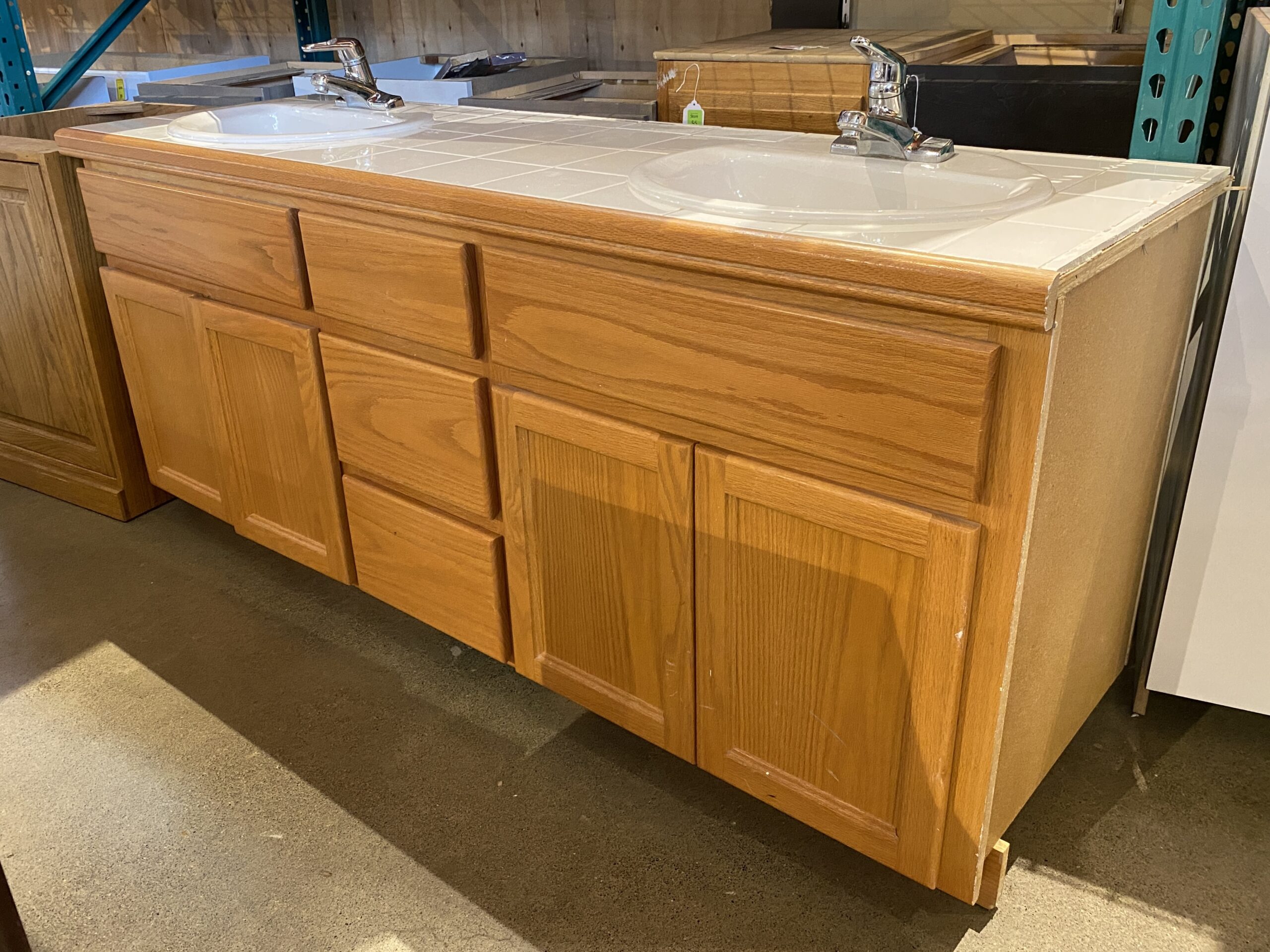 White Tile-Top 2-Sink Cabinet w/ Faucets
