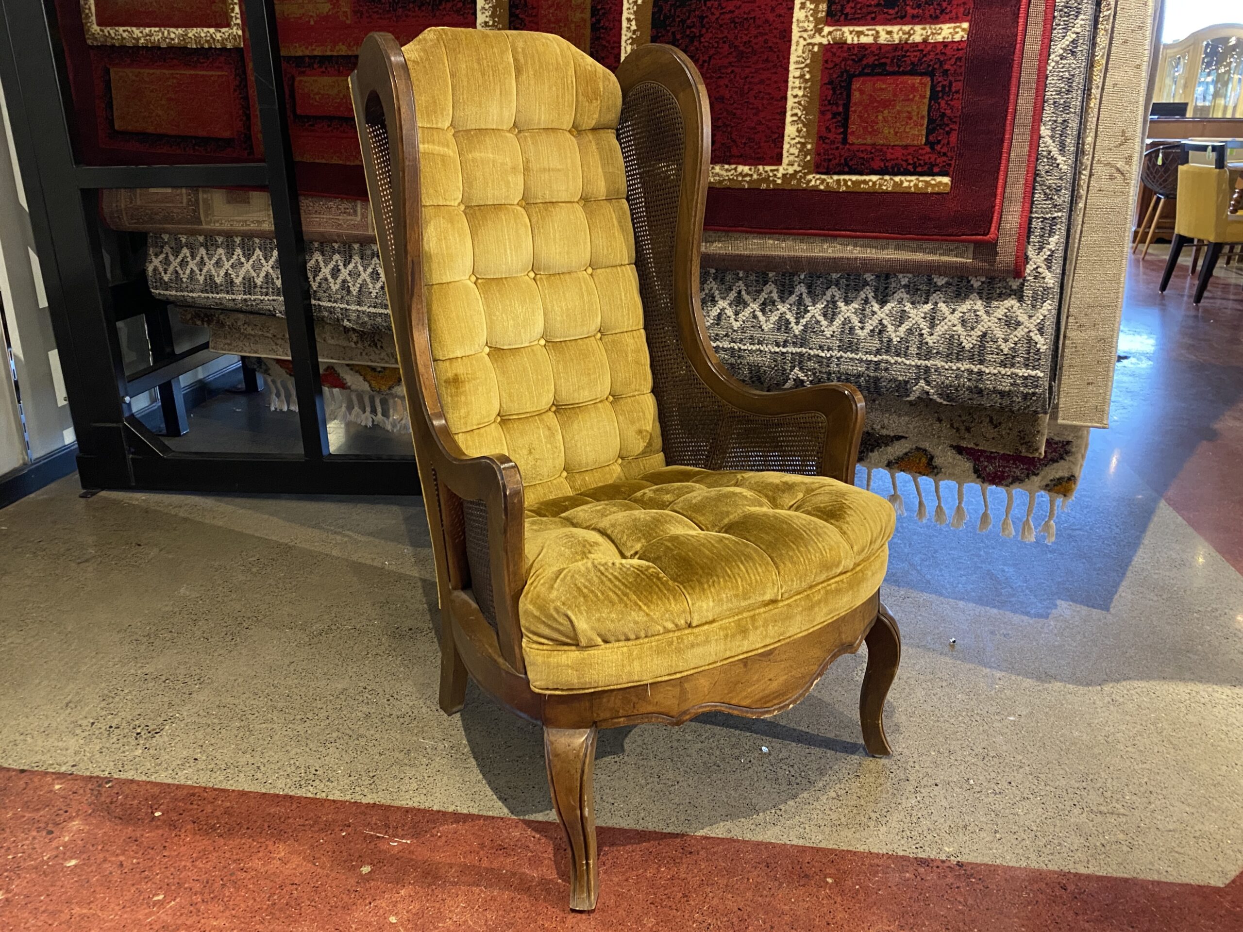 Vintage Cane Tufted Wingback Parlor Chair