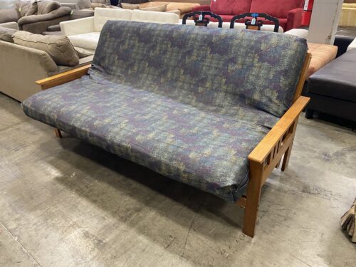Wooden Futon with Painterly Green and Blue Cushion