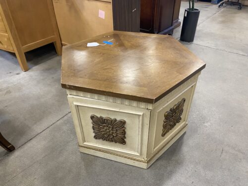 Carved Flowers Hexagon Table with Burled Top