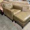 CRATE AND BARREL Distressed Beige Leather Chair with Ottoman