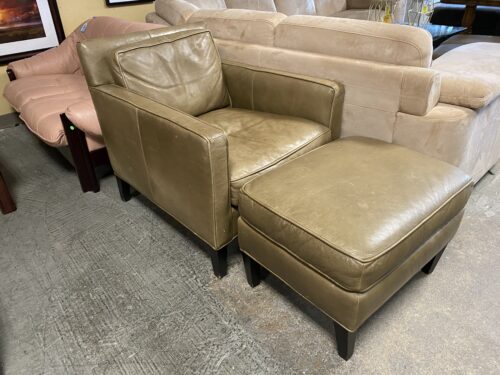 CRATE AND BARREL Distressed Beige Leather Chair with Ottoman
