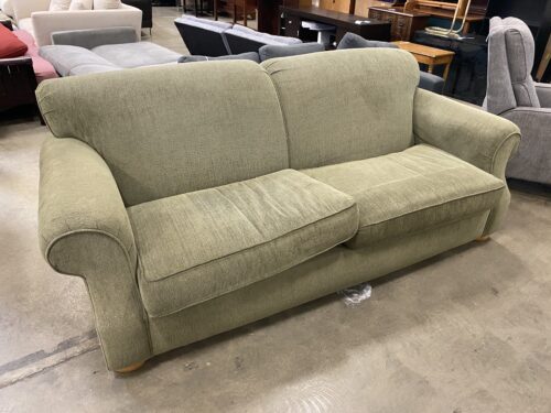 Green Curved Loveseat with Light Wood Legs