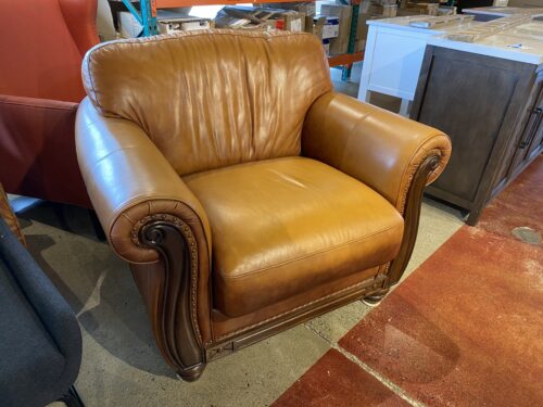 Saddle Color Leather Armchair with Wood Details