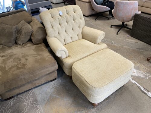 ETHAN ALLEN Beige Tufted Lounge Chair with Ottoman