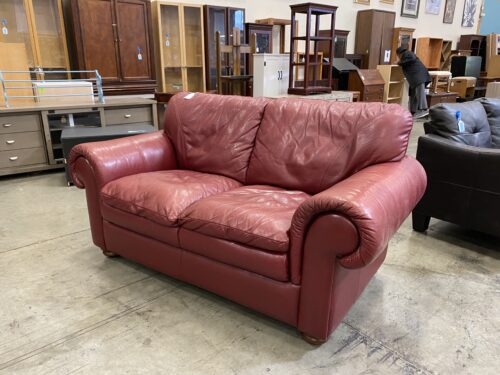 Burgundy Leather Roll Arm Loveseat