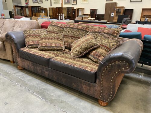 Vintage Look Aged Leather Pillow Backed Sofa