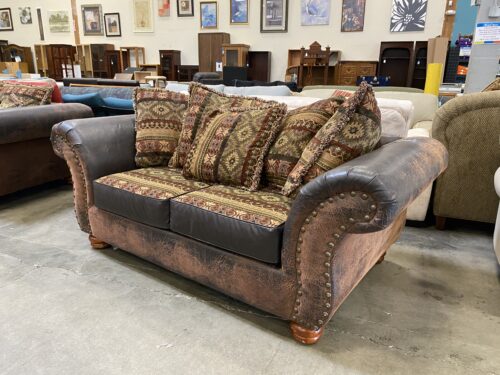Vintage Look Aged Leather Pillow Backed Loveseat