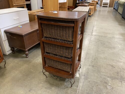 Red Wood Framed Wire Footed Wicker Basket Tower