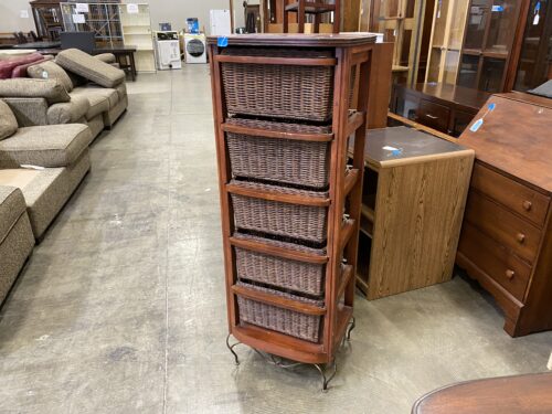 XL Red Wood Framed Wire Footed Wicker Basket Tower