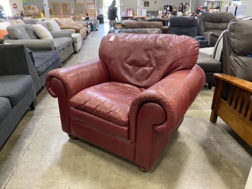 Bright Burgundy Leather Roll Arm Sofa Chair