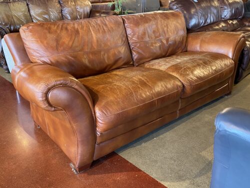 Flared Arm Orange-Brown Leather Sofa