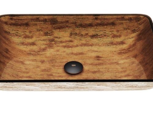 VIGO Donatello Wooden Brown Glass Rectangular Vessel Bathroom Sink Model #VG07046