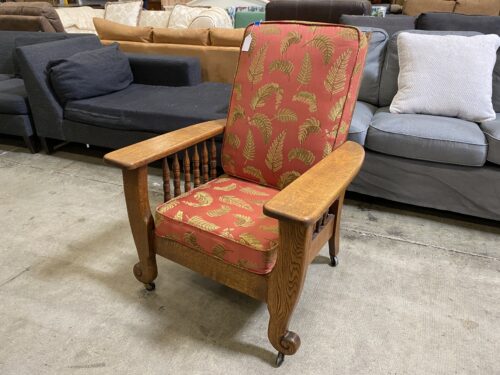 Wood Framed Rolling Lounge Chair with Orange Fern Cushion