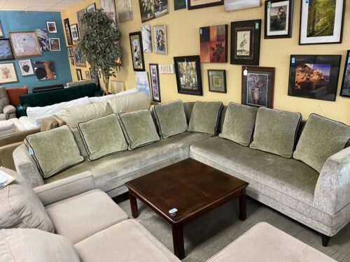 Olive Green Rounded Sectional Sofa with Black Trim Pillows