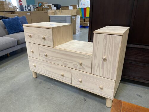 White Washed Wood Storage Piece with Red Accents