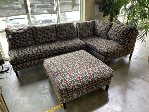Grey and Red Geometric Patterned Sectional and Ottoman