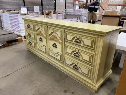 Vintage Light Yellow Hand Carved 9 Drawer Dresser