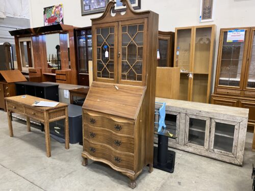 Vintage Oak Glass Hutch Topped Secretary Desk