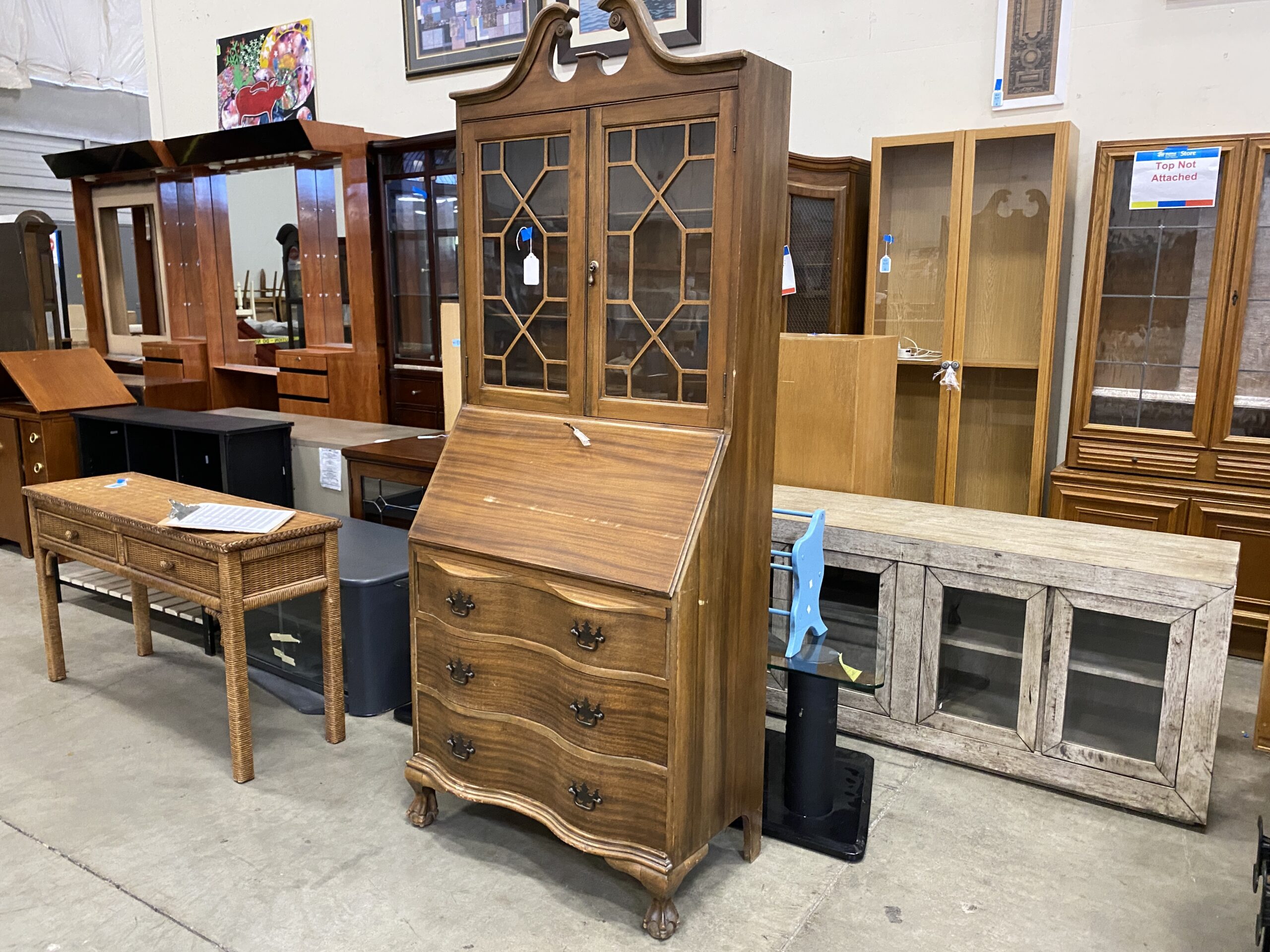 Vintage Oak Glass Hutch Topped Secretary Desk
