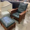 Stickley Style Green Leather Chair With Ottoman