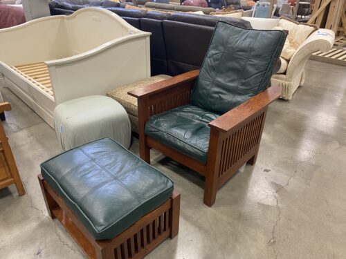 Stickley Style Green Leather Chair With Ottoman