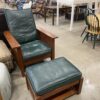 Stickley Style Green Leather Chair With Ottoman