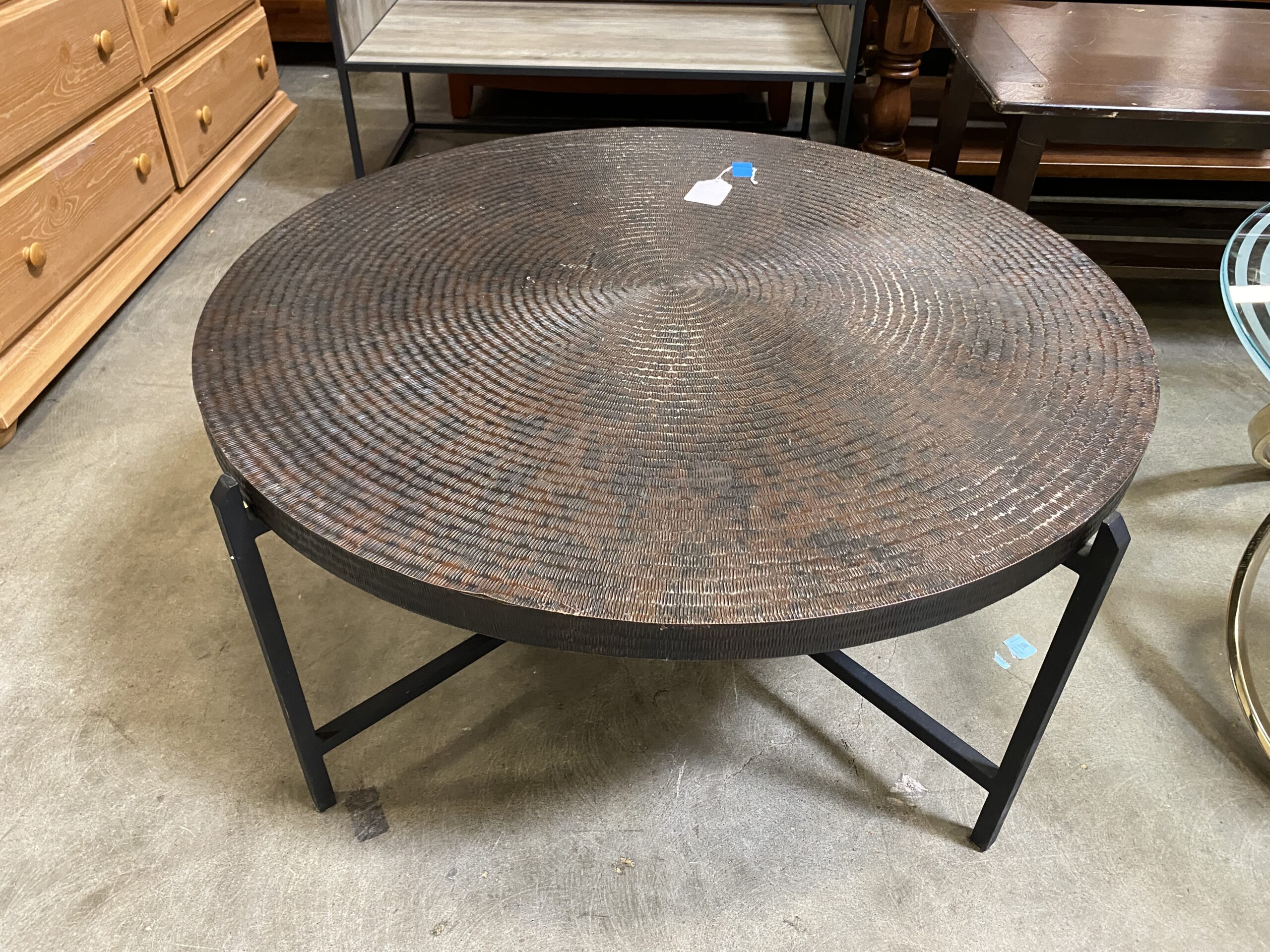 Dark Coppery Ribbed Metal Circle Coffee Table