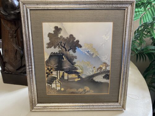 Japanese Gilded Copper Chokin Farmer Framed Artwork
