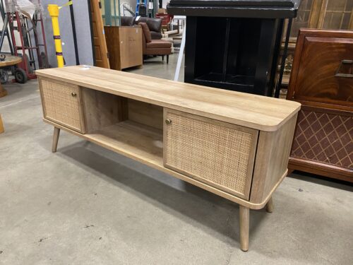 Mid-Century Modern Light Wood Rattan TV Stand