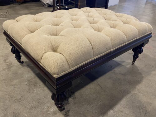 Fancy Tufted Wood Leg Ottoman on Wheels