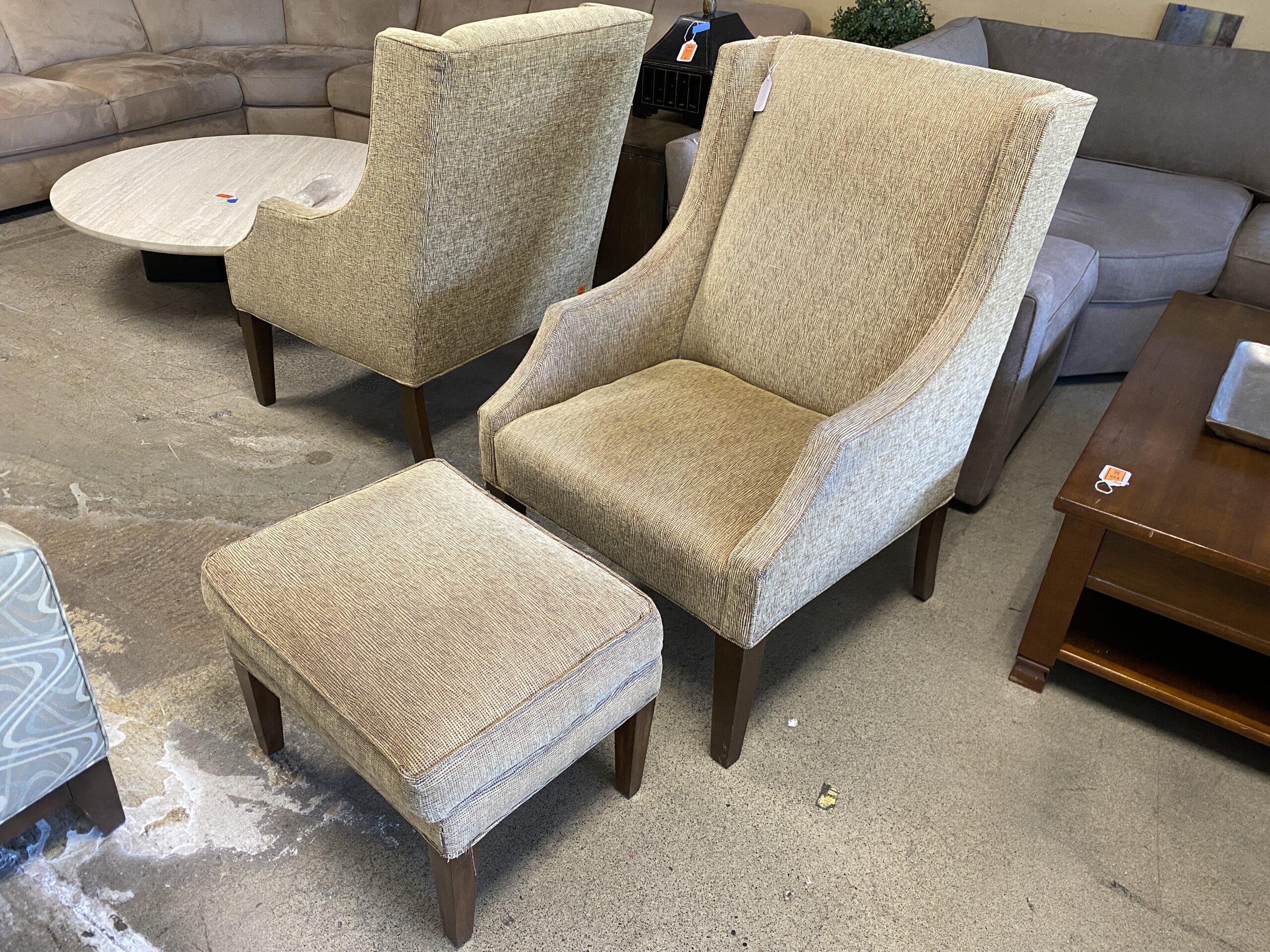 Beige Wingback Armchair w/ Ottoman