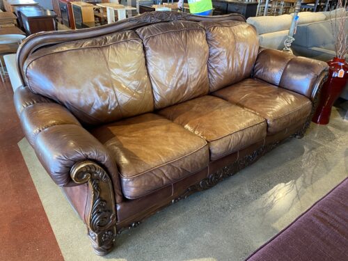 Wood Trim Leather 3 Seater Couch