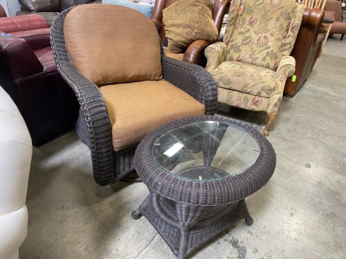 Brown Wicker Rocking Chair With Glass Top Ottoman