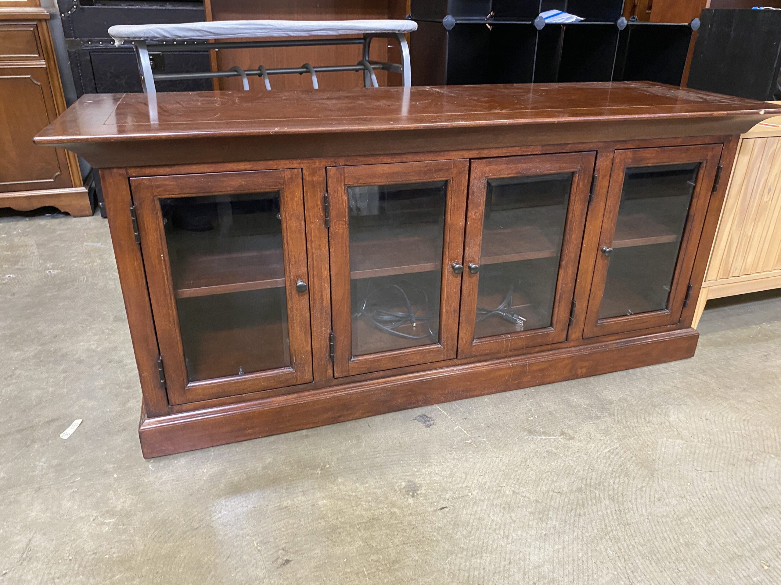 Dark Wood Glass Door Media Center with Surge Protector