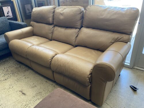 Tan Leather Manual Reclining 3 Seat Sofa
