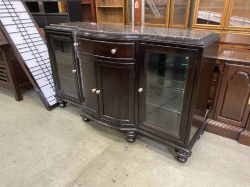 SCHNADIG Vintage Dark Wood Red Marble Topped Wine Rack Buffet