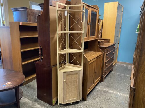 Light Corner Display Shelf w/ Wicker Cabinet
