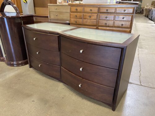 Red Wood Double Arched 6 Drawer Dresser with Frosted Glass Top