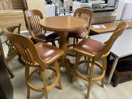 Tall Wooden Bar Table w/ Leather Cushioned Swivel Chairs