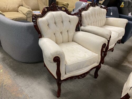 FRANCESCA IMPORTS Cherry Wooden Armchair w/ Intricate White Fabric
