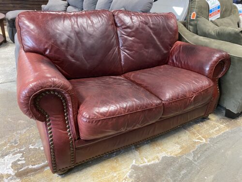 Burgundy Faux Leather Loveseat w/ Nailhead Trim