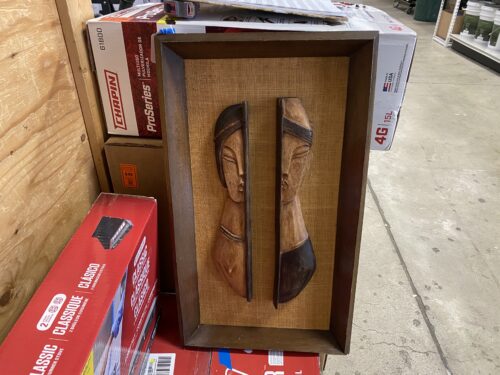 "Splitting Faces" Carved Wood and Rattan Décor